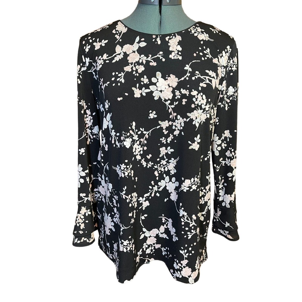 Karl Lagerfeld Yessie Blouse Trumpet Sleeve Top Black 3/4 Sleeve Size S/M - Picture 1 of 16